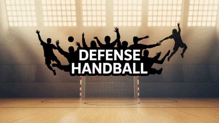 Joueurs en défense collective au handball, ambiance énergie