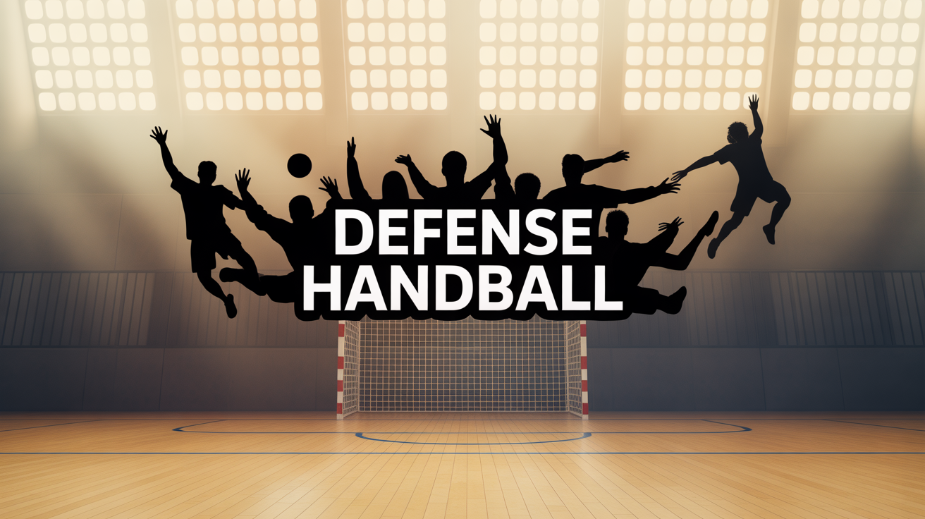 Joueurs en défense collective au handball, ambiance énergie