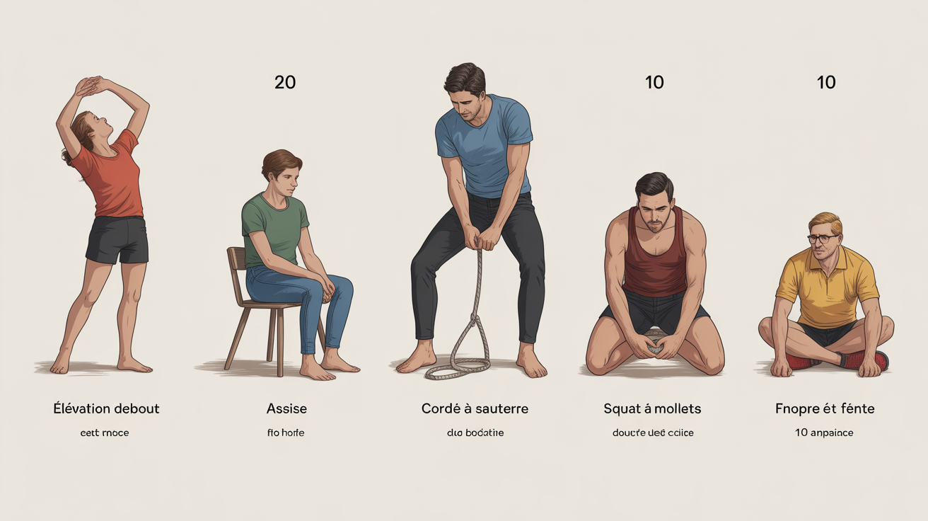 Tableau exercices mollets élévations squats corde à sauter