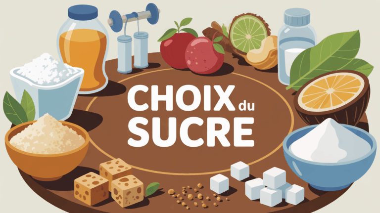 Différents sucres sur table avec instruments sportifs et balance nutritionnelle