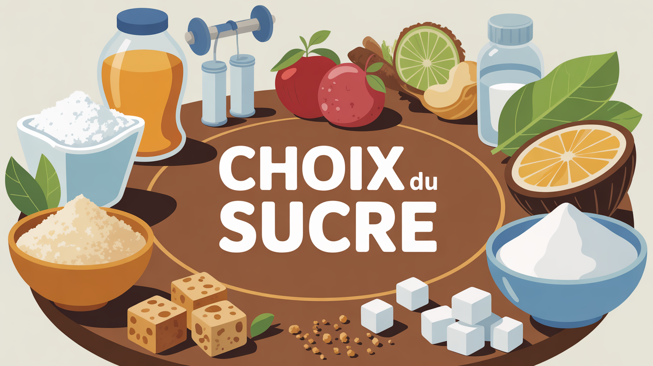 Différents sucres sur table avec instruments sportifs et balance nutritionnelle