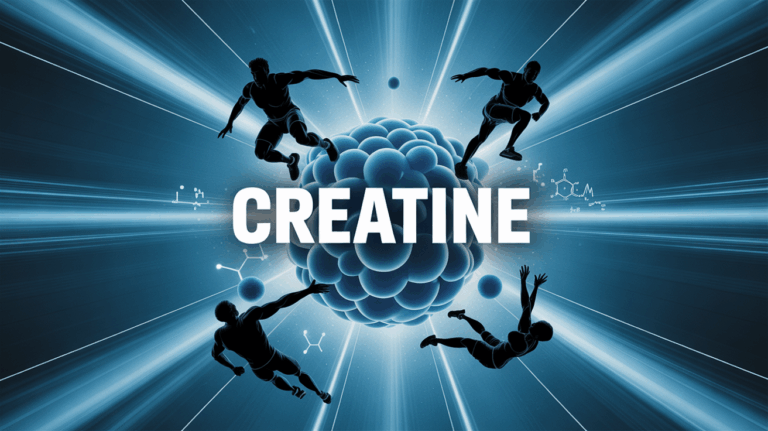 Creatine molecule et silhouettes sportives, rayons d'energie