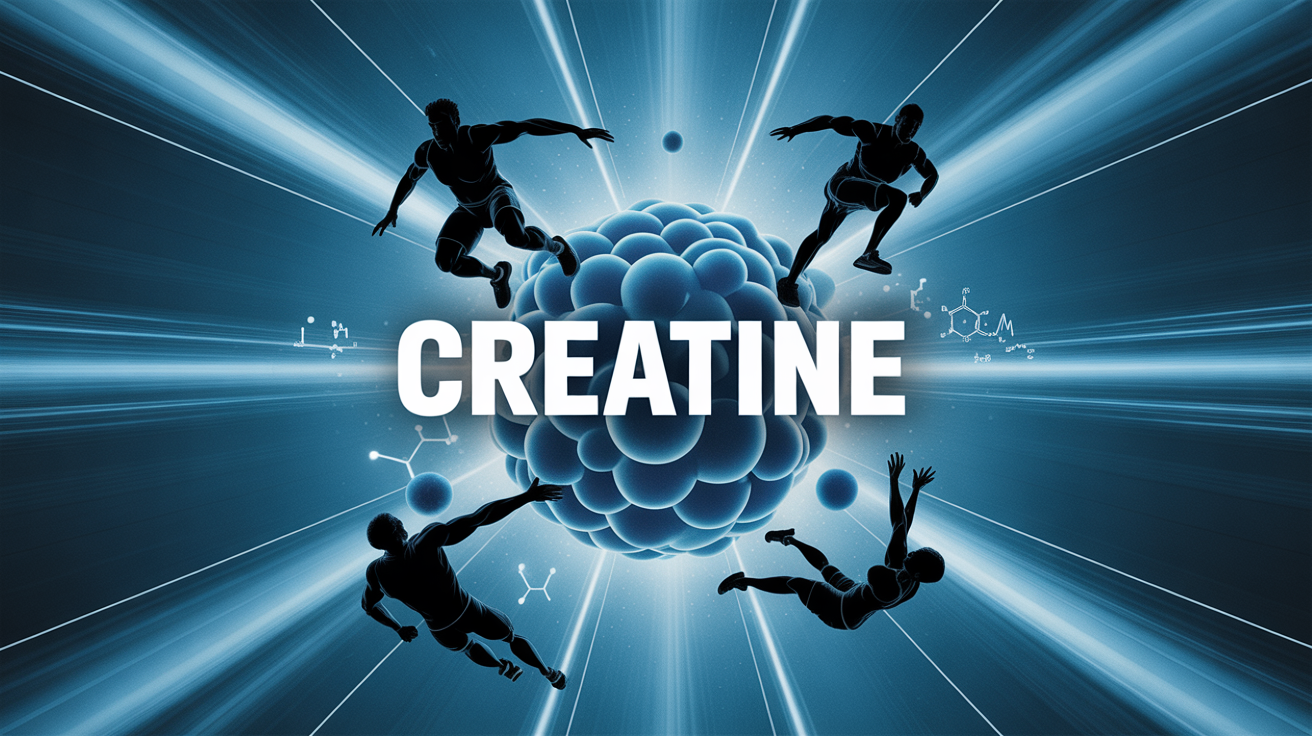 Creatine molecule et silhouettes sportives, rayons d'energie