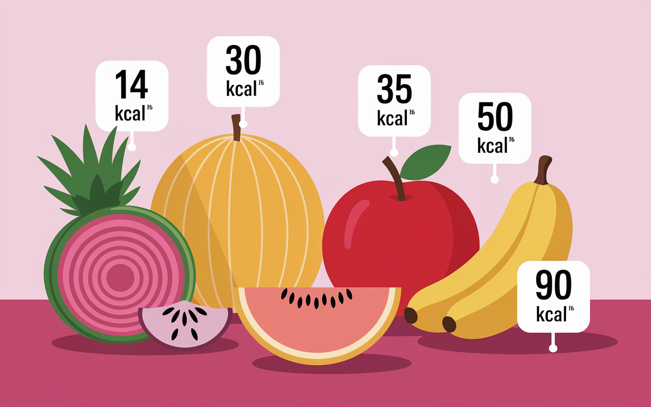 Tableau fruits peu caloriques rhubarbe pastèque fraise melon pomme banane