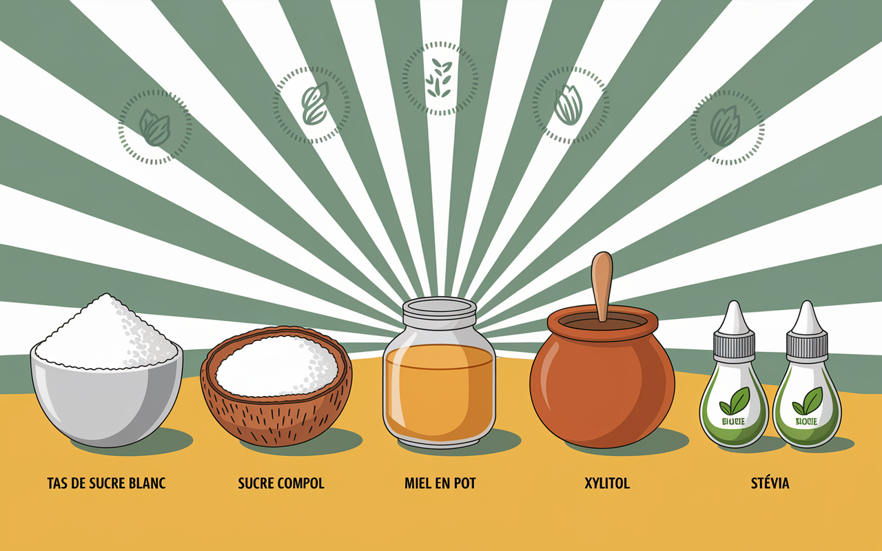 Six types de sucre illustrés avec icônes micronutriments et calories