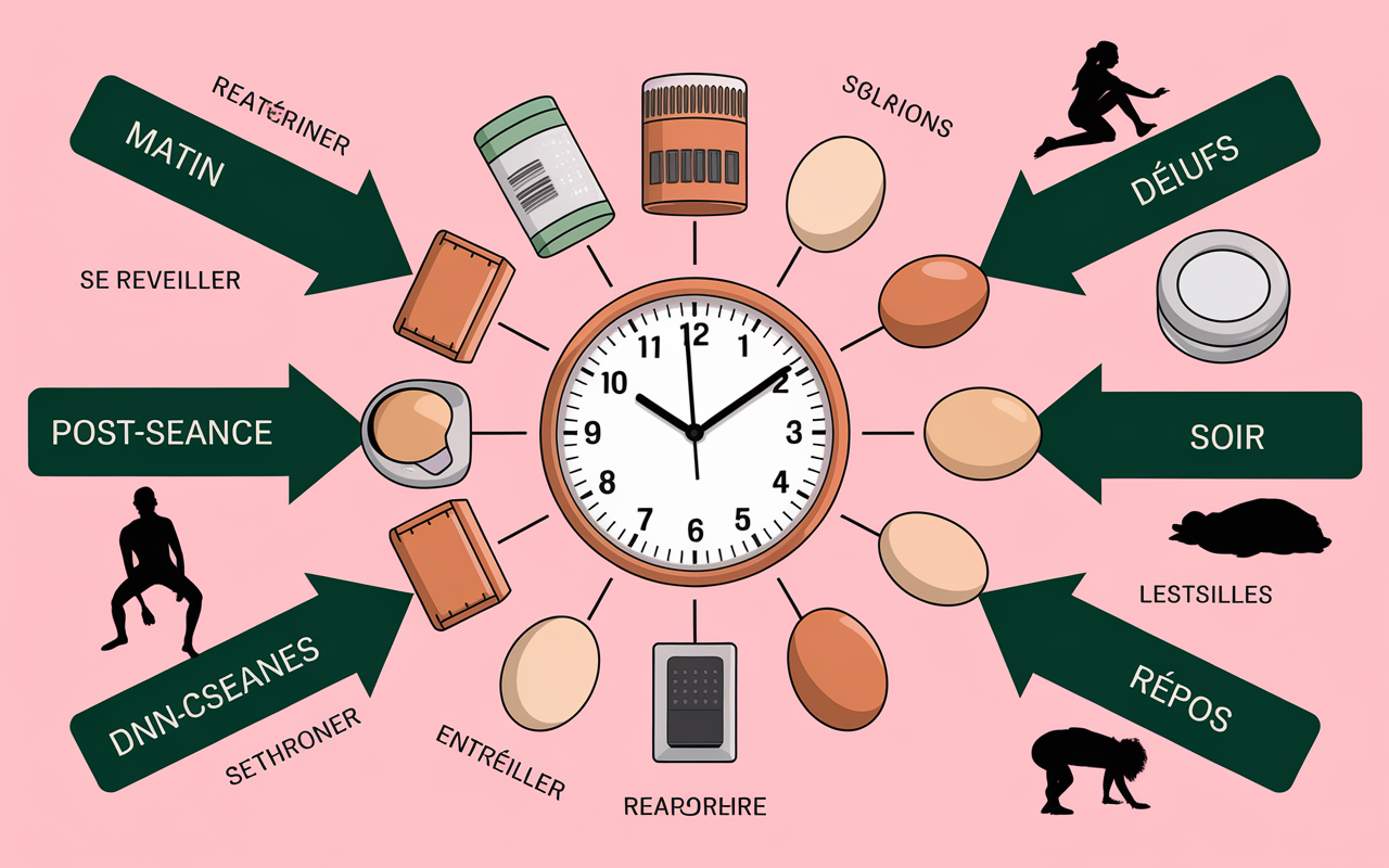 Horloge, proteines en poudre, oeufs, tofu pour timing proteines