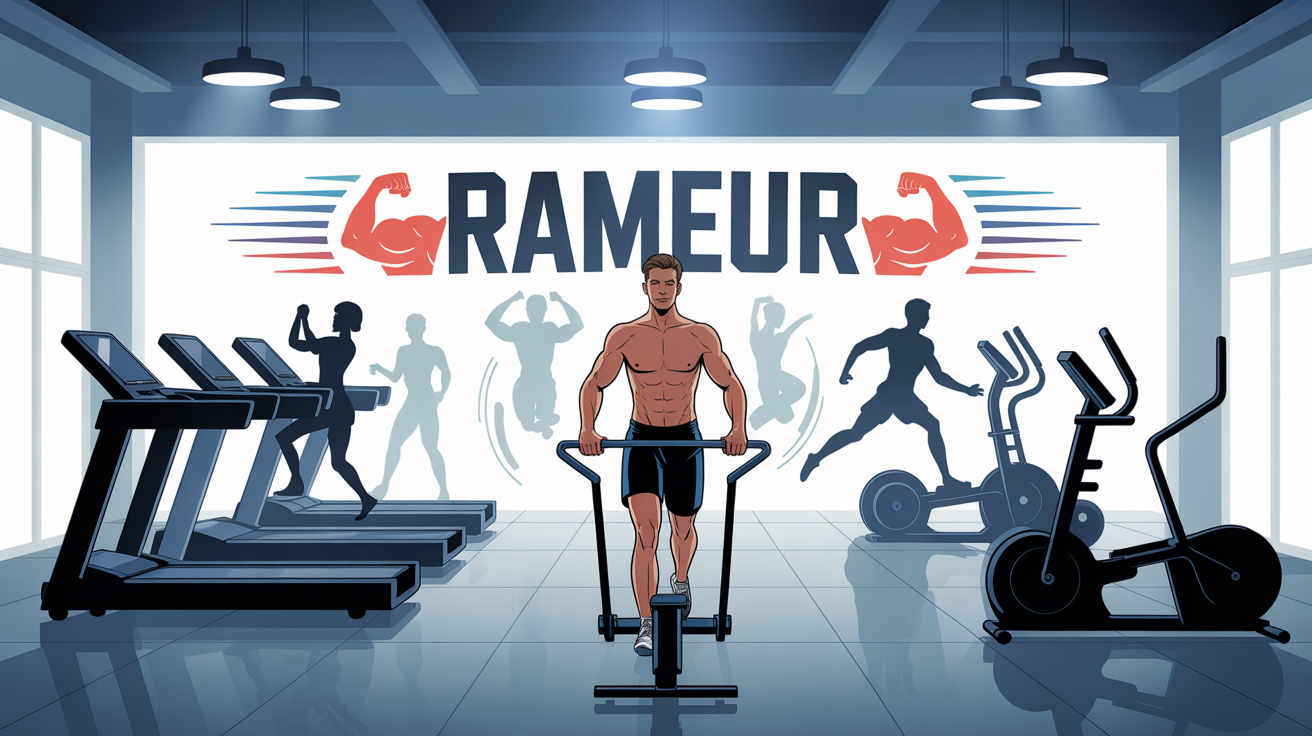 vue rameur salle sport silhouettes muscles cardio