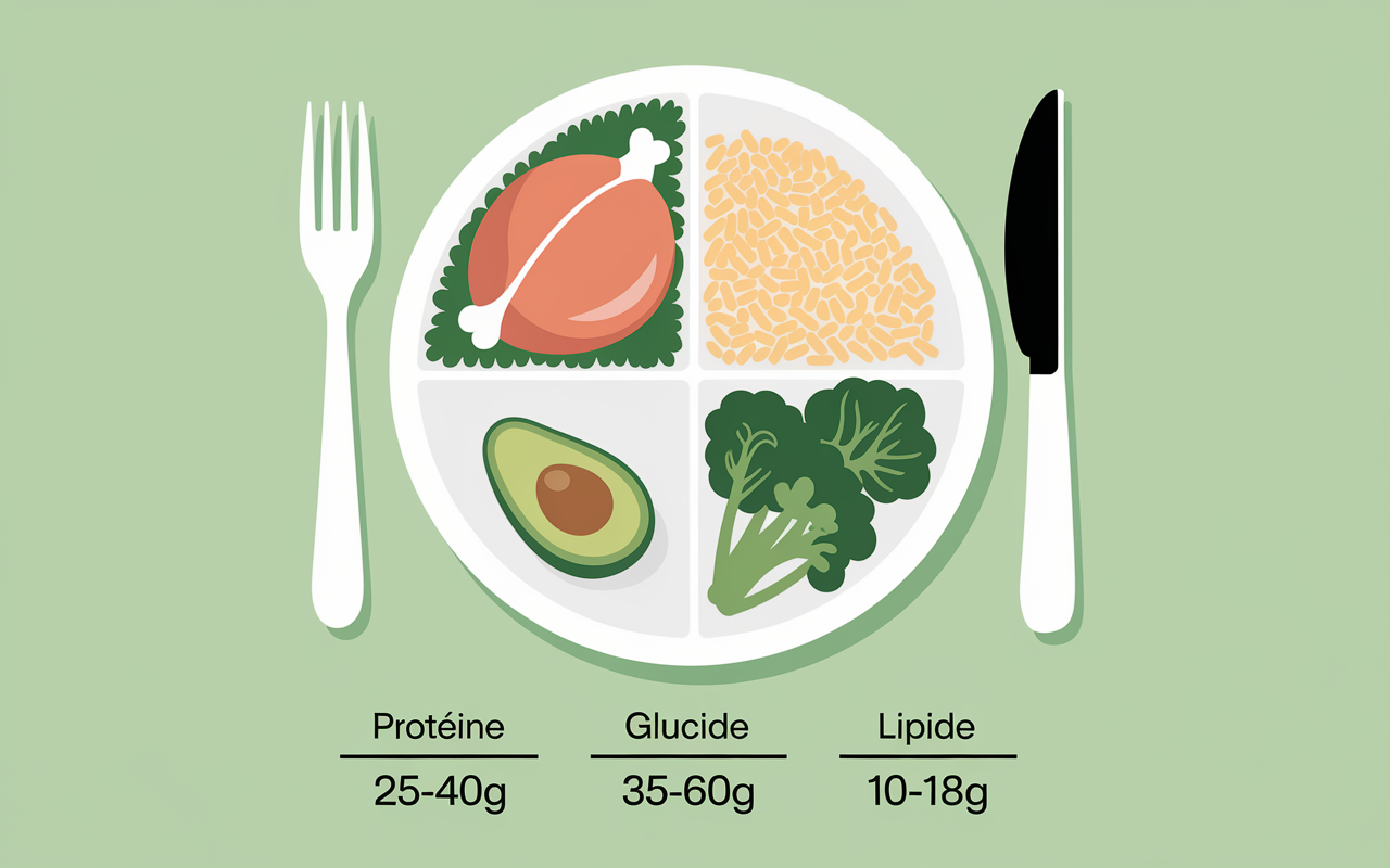 Assiette repas musculation macronutriments poulet riz avocat brocolis