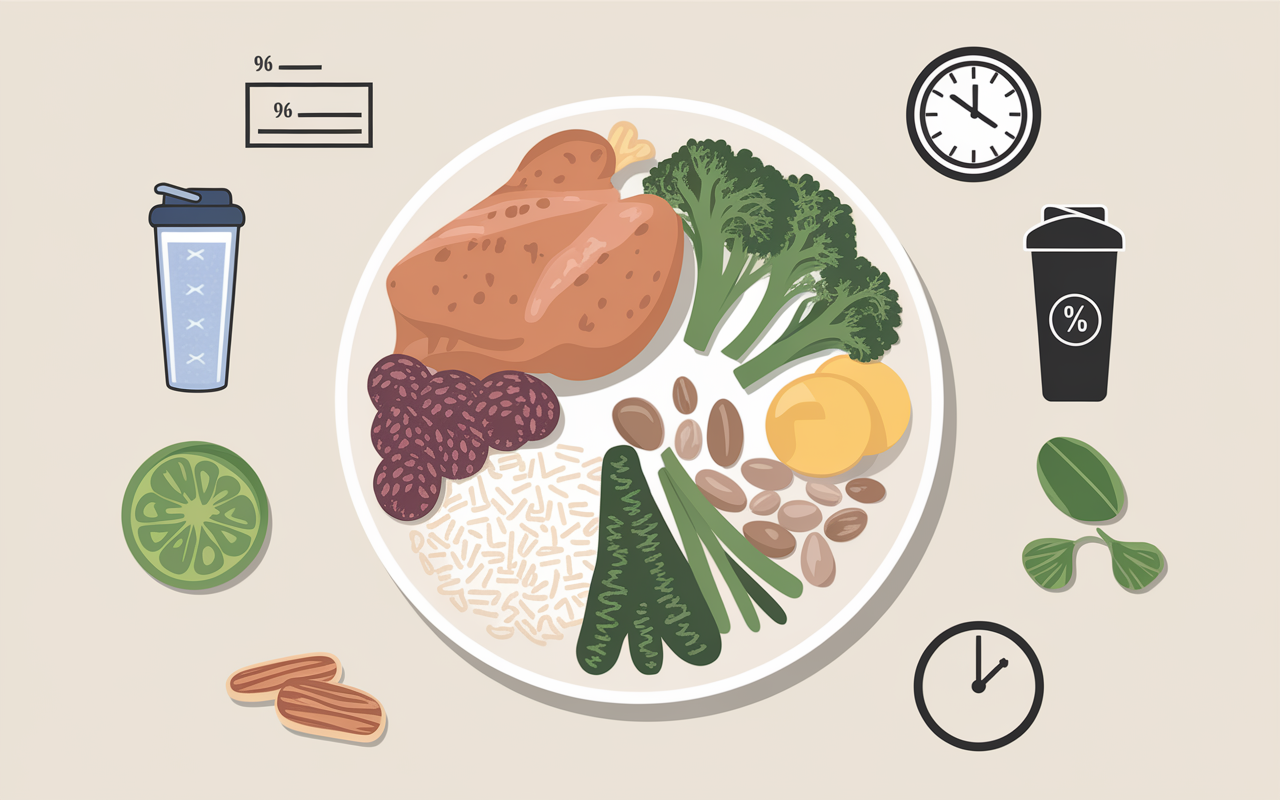 Plateau repas musculation poulet riz brocolis symboles organisation