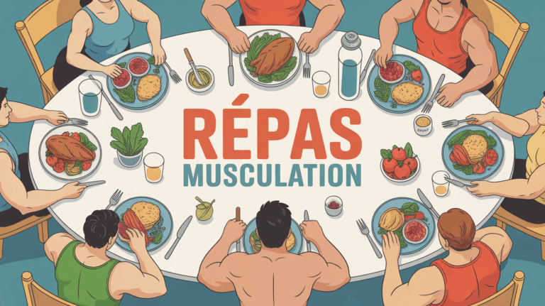 Illustration repas musculation table personnes plats sains haltere