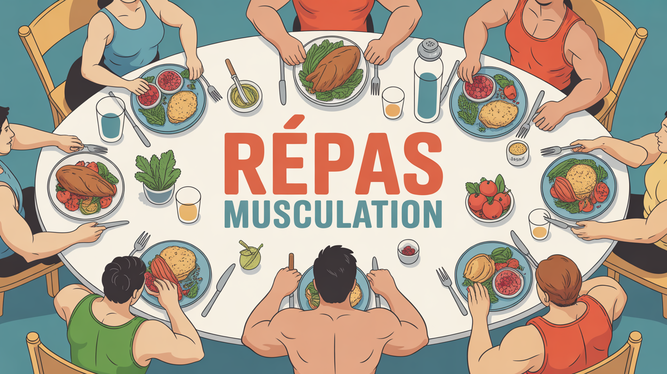Illustration repas musculation table personnes plats sains haltere