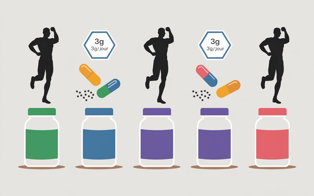 Flacons creatine, gelules, poudre, doses et silhouettes athletes