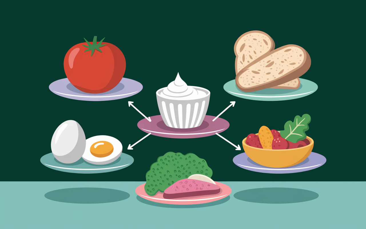 Balance avec aliments et calories portions standards visibles