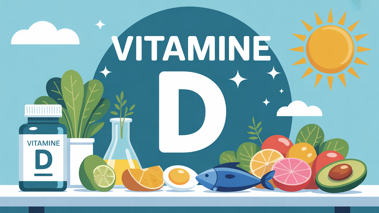 Illustration Vitamine D, table aliments riches en lipides et soleil