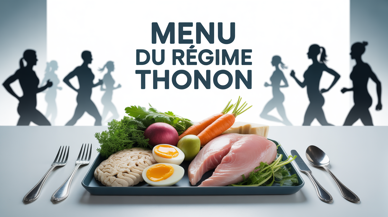 Menu du regime Thonon avec aliments proteines maigres assiette et silhouettes sport