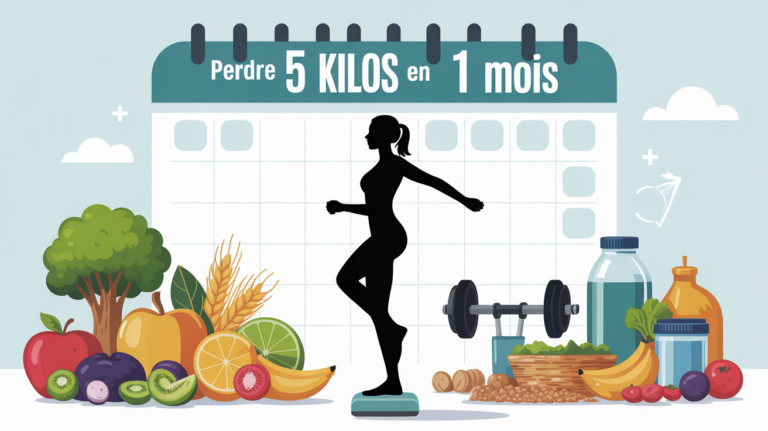 Illustration perdre 5 kilos en 1 mois, aliments sains, sport, balance