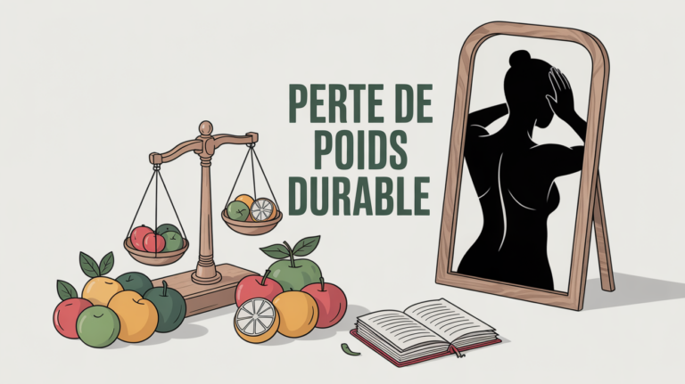 Balance fruits haltères carnet silhouette perte de poids durable