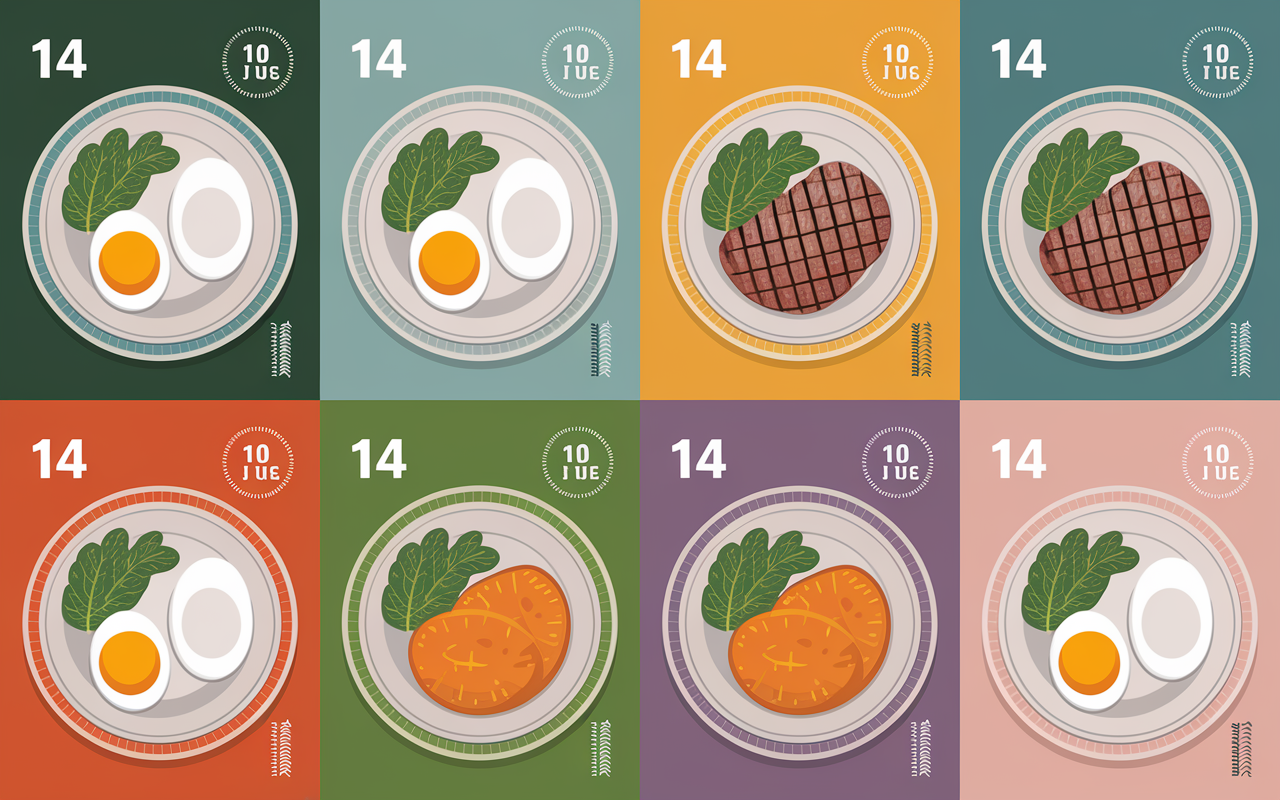 Planning mural 14 jours menu regime Thonon assiettes et chiffres