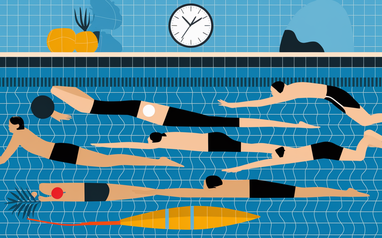 Silhouettes nageurs piscine avec accessoires divers rythmes