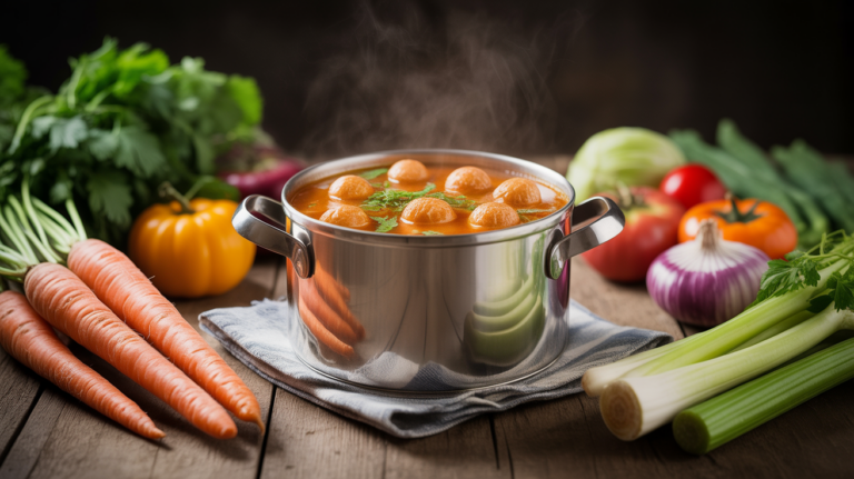 Grande marmite de soupe aux choux, legumes frais, vapeur, ambiance nutritive