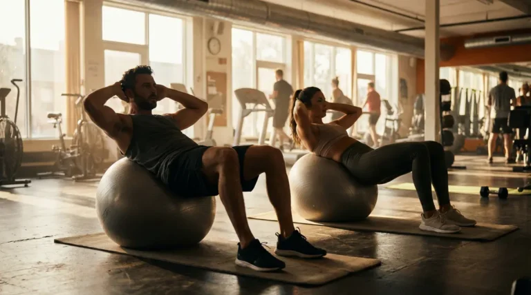 Abdos sur Swiss Ball homme femme équilibre
