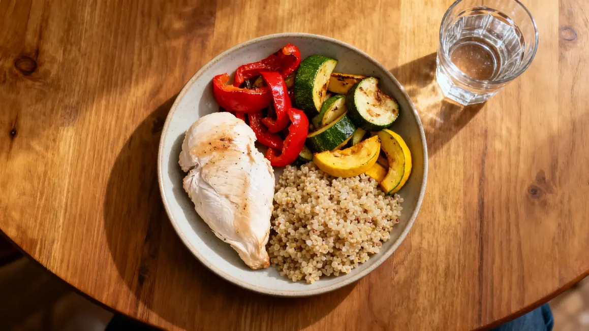 Assiette equilibree poulet legumes quinoa perte de poids