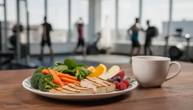 Assiette équilibrée brûle-graisses avec légumes, fruits, protéines maigres, thé vert, salle de sport