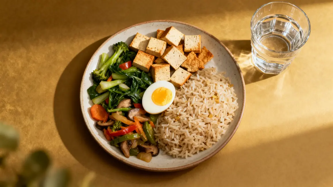 Assiette bien composée protéines légumes féculents haute densité nutritionnelle