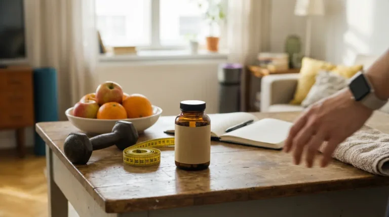flacon Fitsmart Fat Burner avec haltère, fruits et carnet