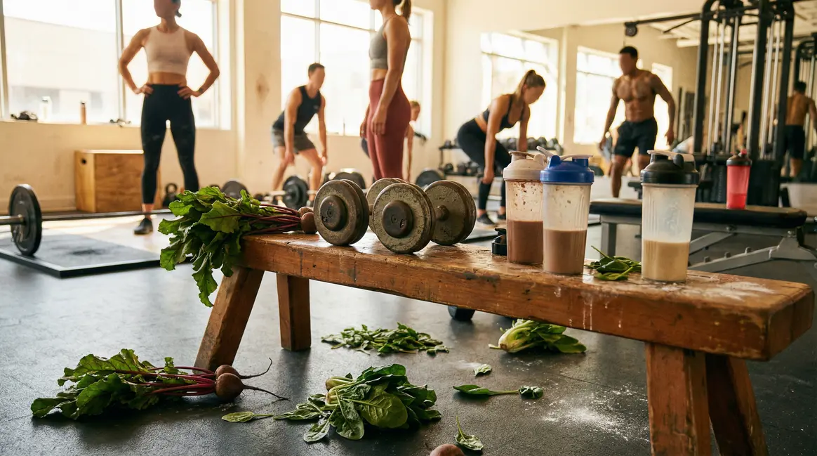 Salle de sport oxyde nitrique pre workout avec haltères et légumes