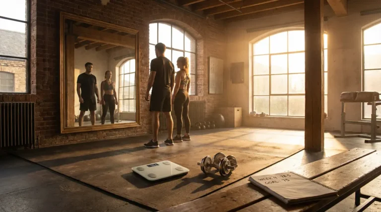 Homme et femme motivés regardent une balance en salle de sport moderne