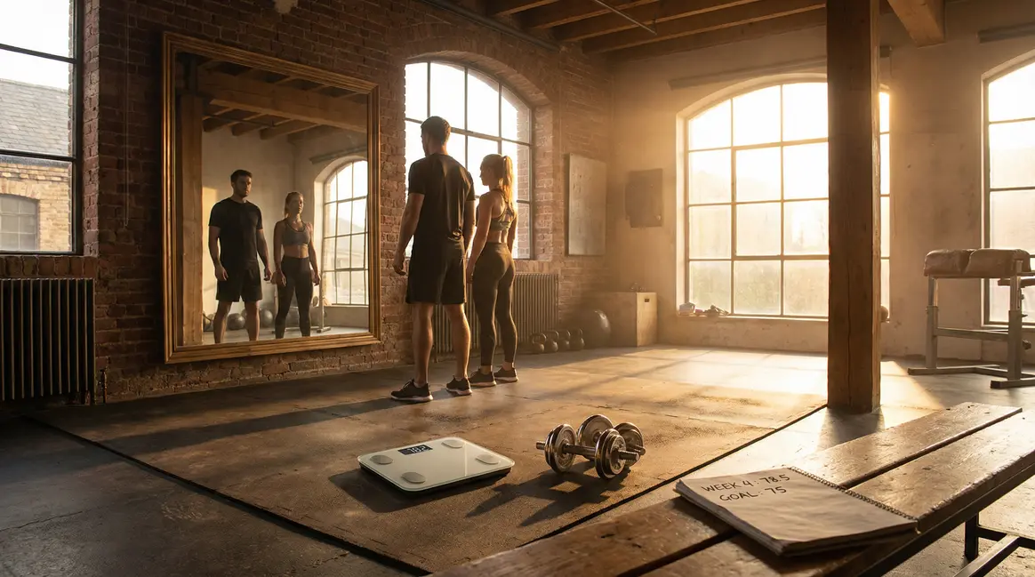 Homme et femme motivés regardent une balance en salle de sport moderne
