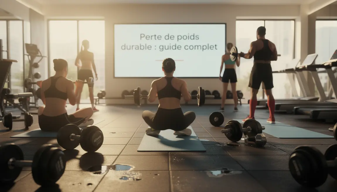 Salle de sport, personnes s'entraînant, affichage perte de poids durable