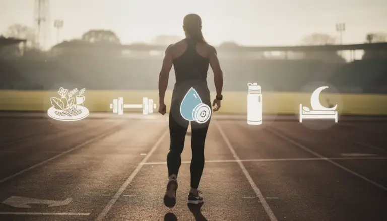 Sportif de dos sur piste avec icônes alimentation saine musculation hydratation sommeil
