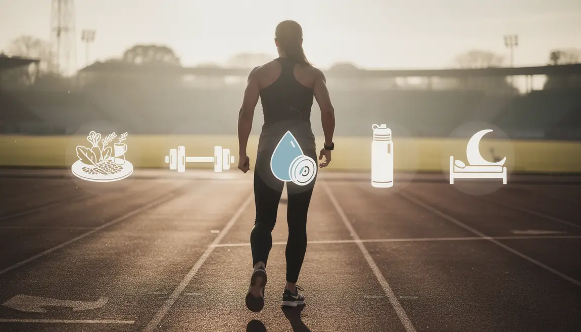 Sportif de dos sur piste avec icônes alimentation saine musculation hydratation sommeil