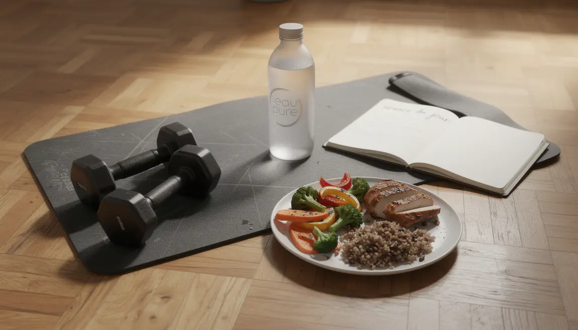 Photo tapis musculation haltères assiette équilibrée gourde carnet perte de poids