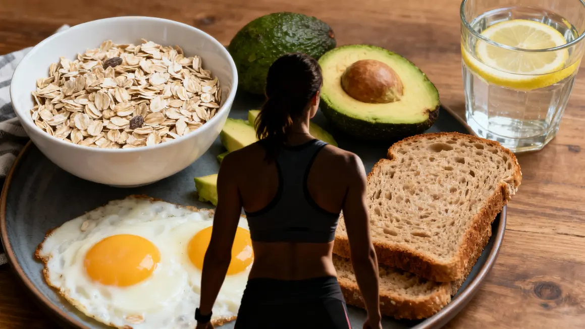 Petit-déjeuner musculation bol d'avoine œufs avocat citron silhouette sportive
