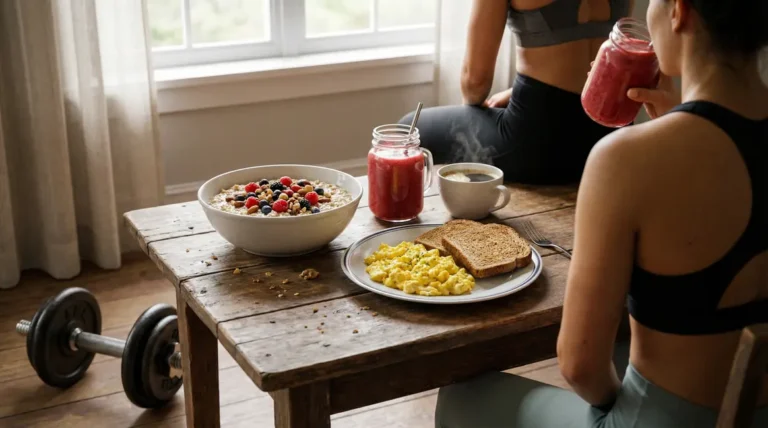Petit-déjeuner musculation complet bol d'avoine œufs pain complet fruits smoothie