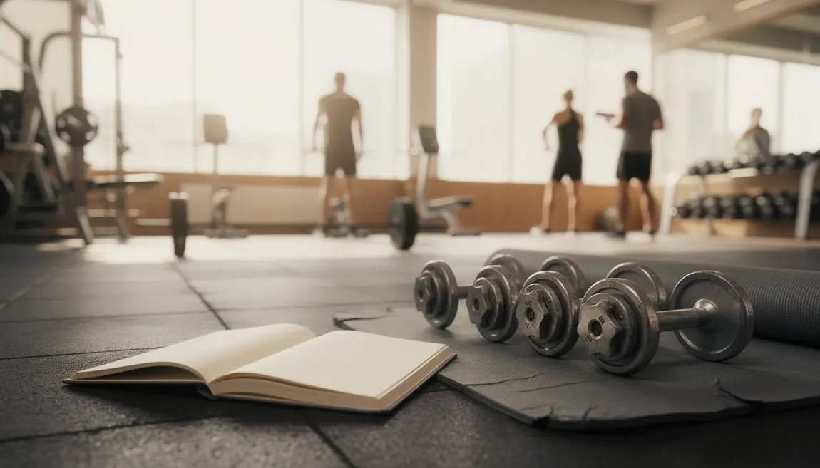 Salle de musculation dynamique, haltères, carnet de suivi