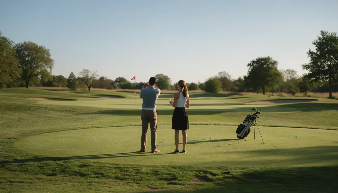 Deux joueurs equipe greensome sur fairway, ambiance strategie et inclusion