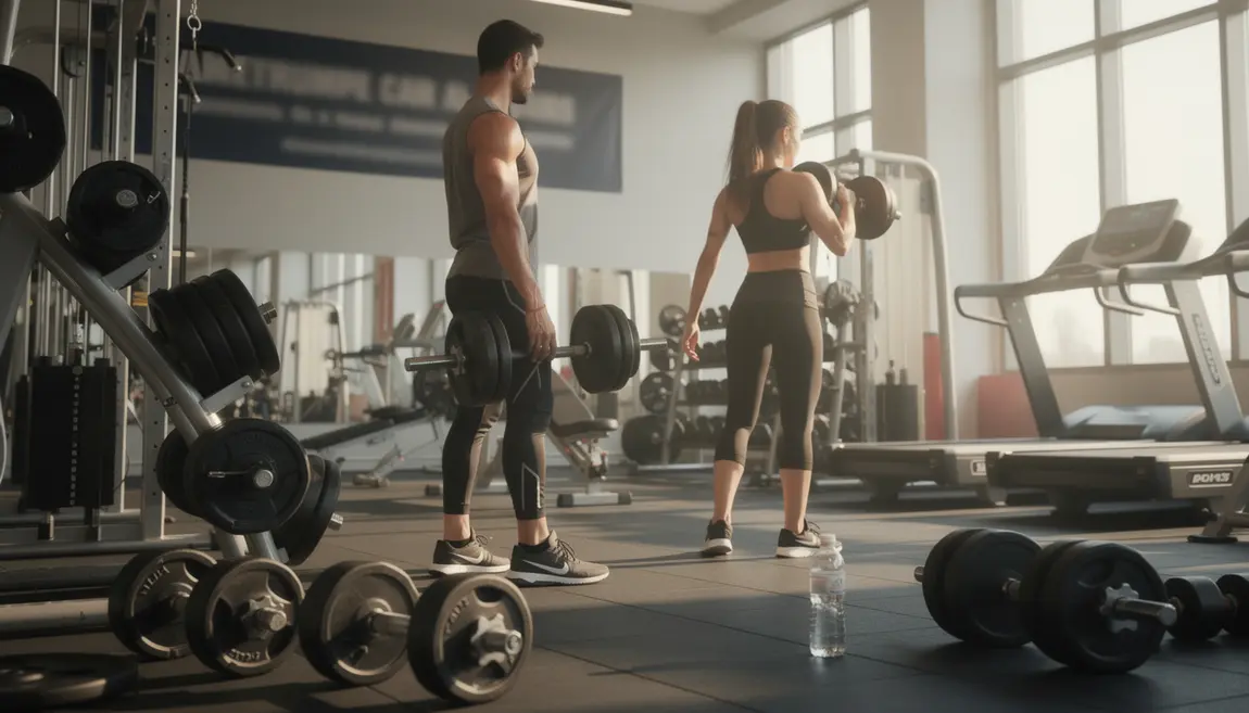 Deux sportifs musculation salle pancarte perte de poids efficace