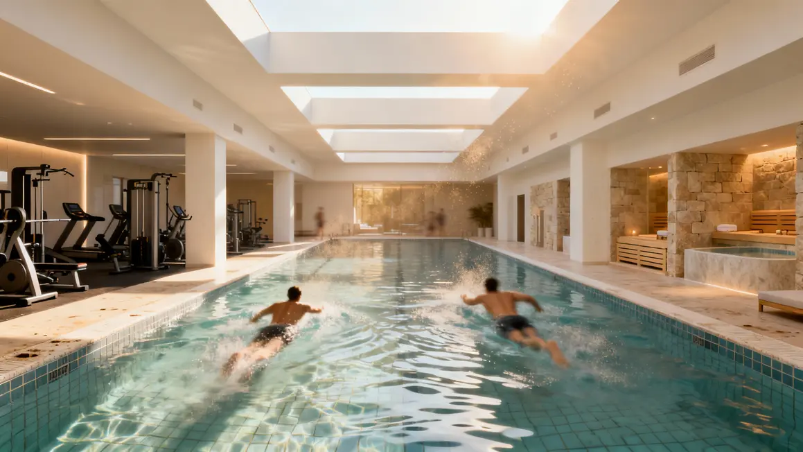 piscine intérieure 8x17m et espace musculation avec sauna hammam