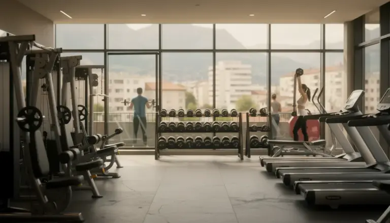 Salle de sport Grenoble moderne avec équipements et grande baie vitrée