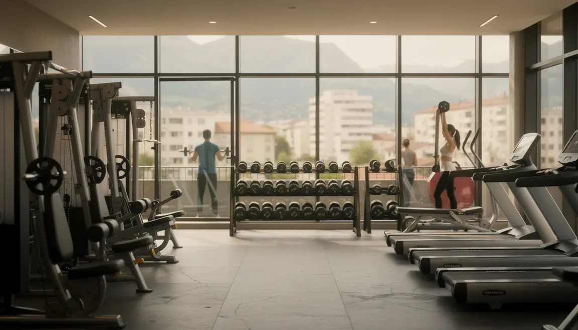 Salle de sport Grenoble moderne avec équipements et grande baie vitrée