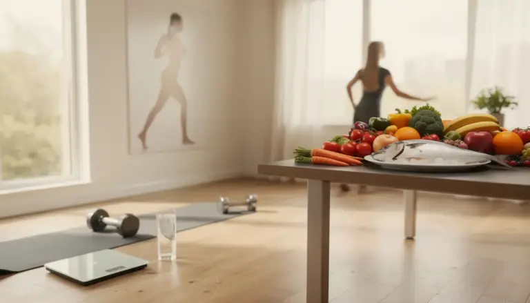 Aliments frais balances et salle de sport pour perdre du poids
