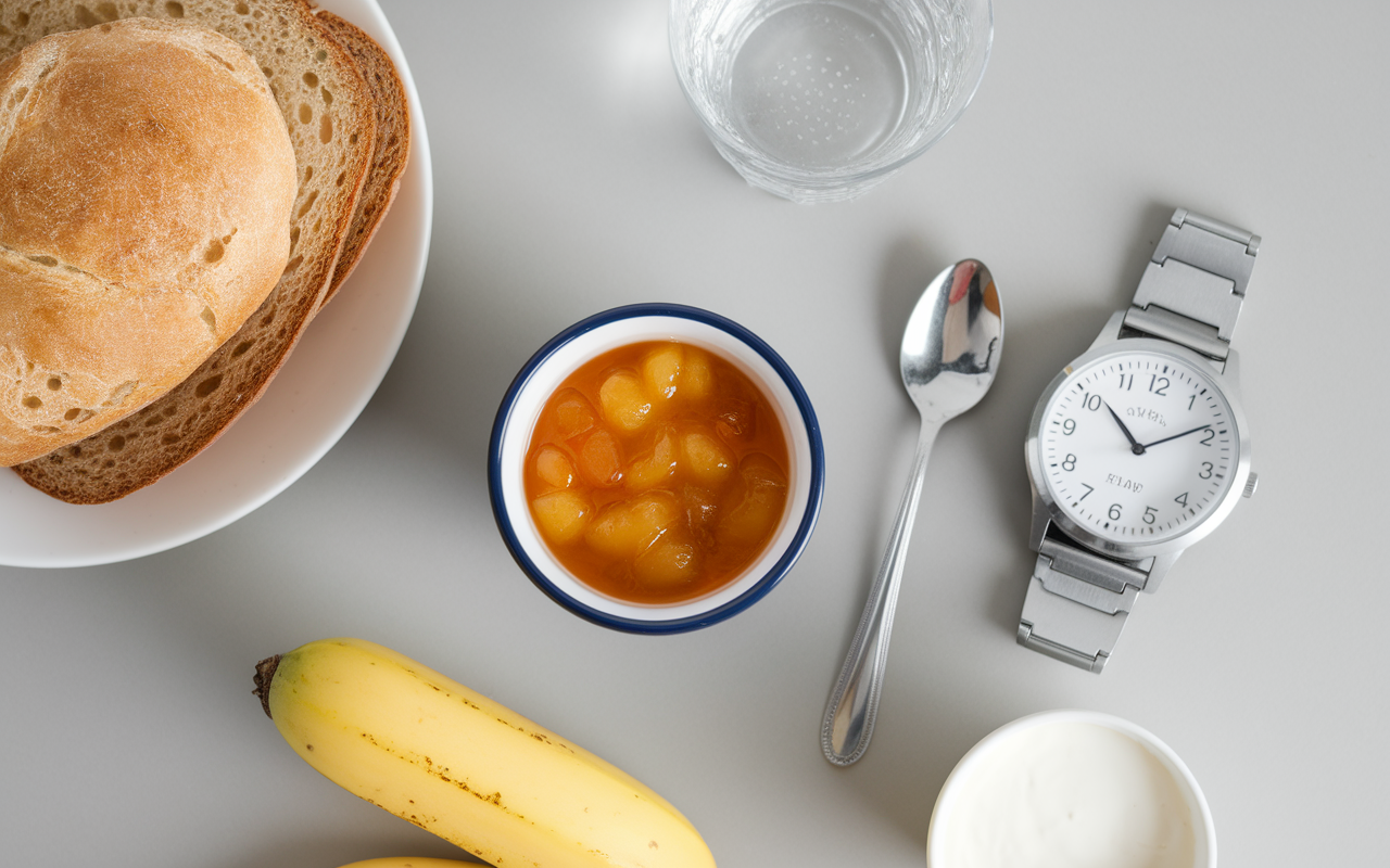 petit-déjeuner digeste pour marathon avec pain banane et montre