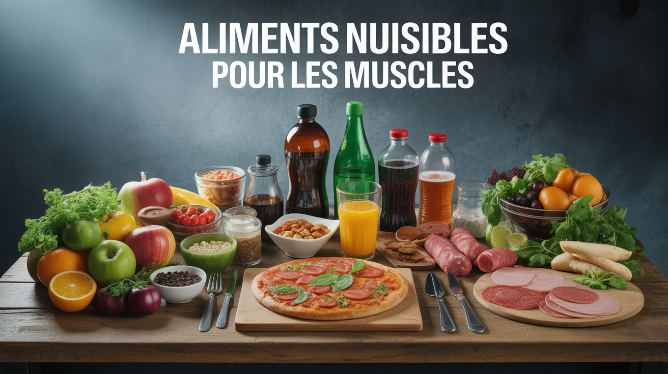 Grande table avec aliments mauvais pour les muscles à droite et aliments sains à gauche