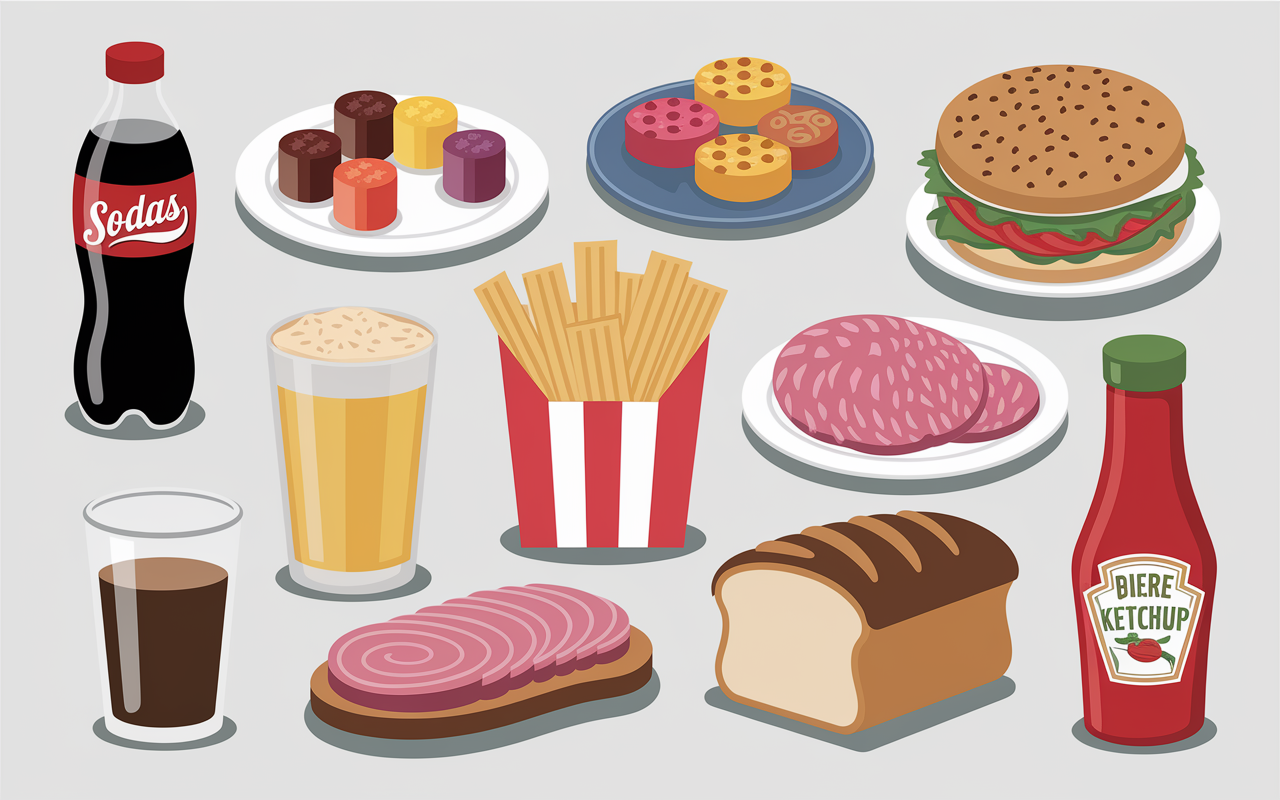 Infographie aliments mauvais pour les muscles comme sodas, fritures, charcuterie