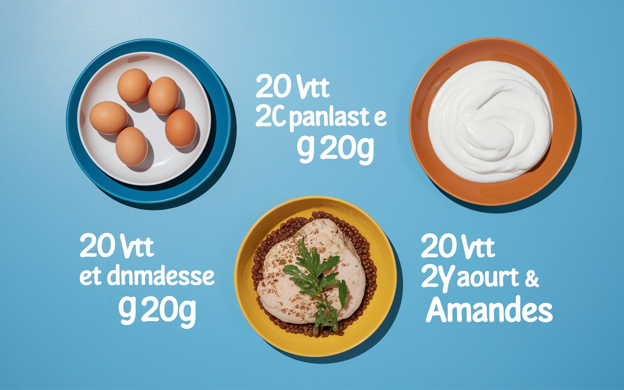 trois assiettes montrant comment manger 60 g de proteine par jour