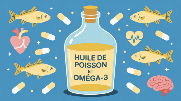 flacon huile de poisson bienfaits entouré poissons et symboles santé